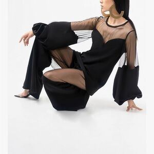 Sheer-Panel Black Wide-Leg Jumpsuit with Statement Bell Sleeves